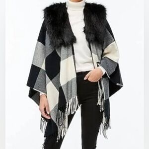 J Crew Buffalo Plaid Cape Scarf with Faux Fur Collar One Size NWT